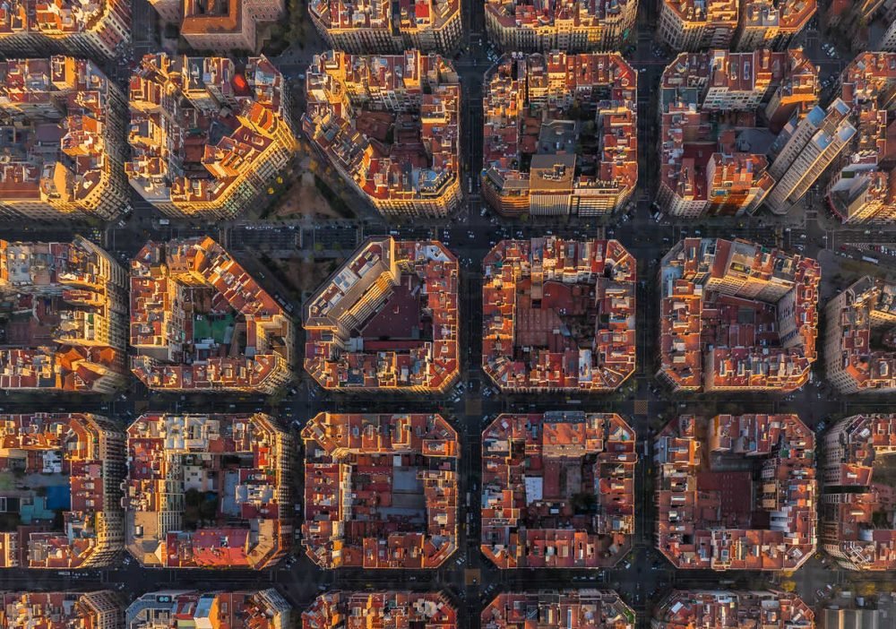 Aerial view above of Barcelona superblocks, Spain.